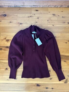 MELISSA NEPTON Burgundy Ribbed Puff-Sleeve Henley Top